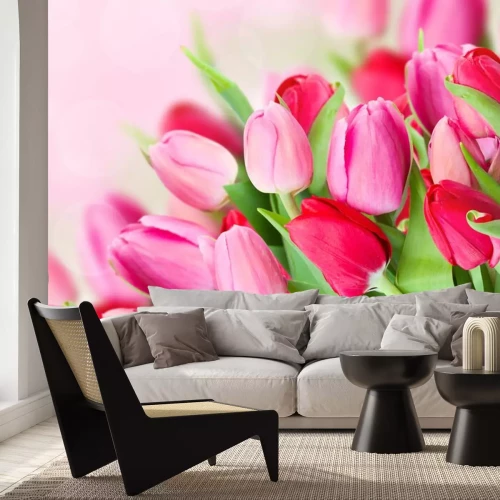 Sticker Een groot boeket roze tulpen