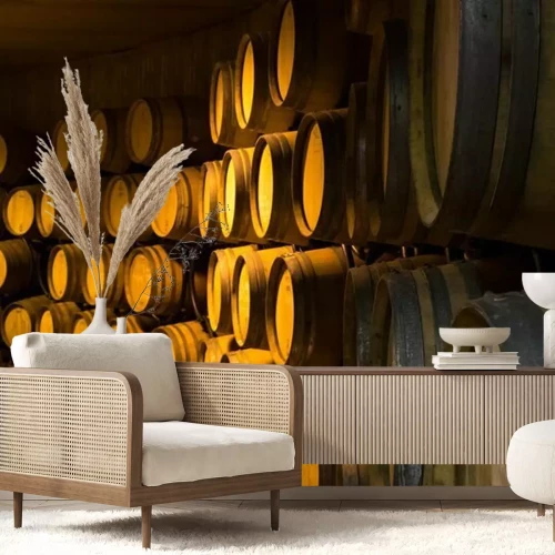 Fotobehang Kelder met houten vaten