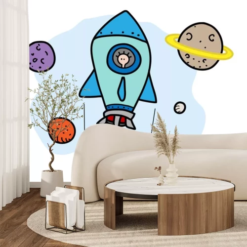 Sticker Planeten van het zonnestelsel en vliegende raket