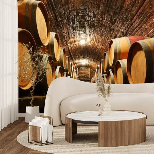 Fotobehang Eikenhouten vaten in de kelder