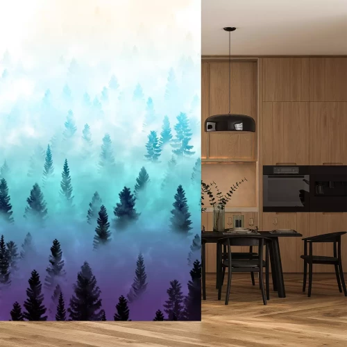 Sticker nevelig bos landschap