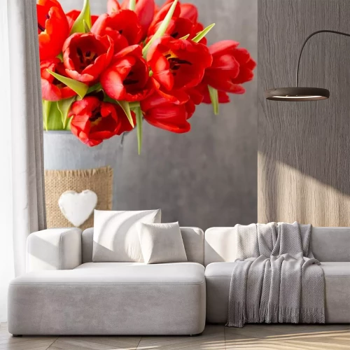 Sticker Rood boeket tulpen in een emmer