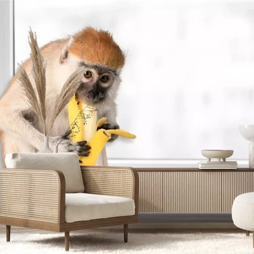 Sticker Een aap die een banaan eet op een vensterbank