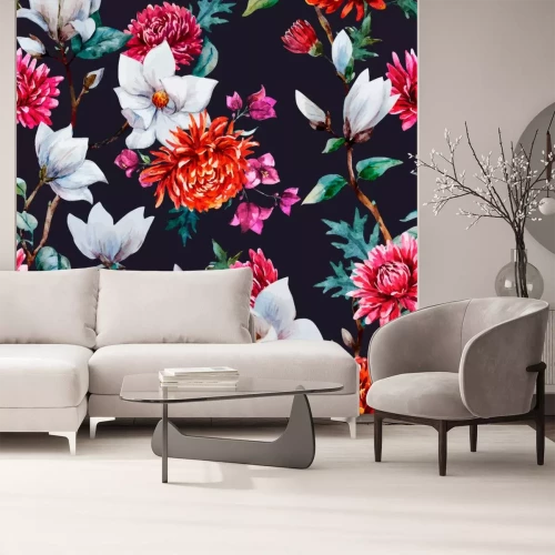 Sticker Patroon met magnolia en chrysanten