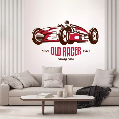 Sticker retro raceauto, uitstekende vector symbool, embleem, labelsjabloon