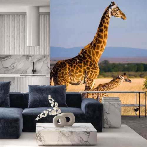 Sticker Vrouwelijke giraf met een baby in de savanne. Kenia. Tanzania. Oost Afrika. Een uitstekende illustratie.