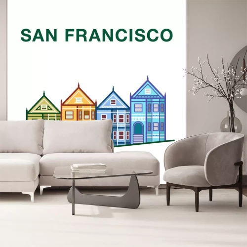 Sticker Kleurrijke San Francisco straat illustratie met Victoriaanse huizen in de lijn art stijl