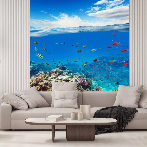 Sticker Onderwater koraalrif met horizon en watergolven