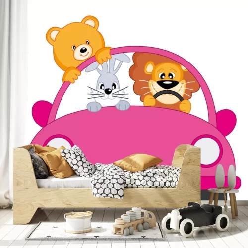 Sticker Huisdieren in een roze auto