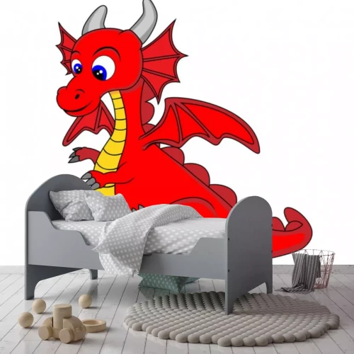 Sticker Zittende rode gehoornde draak kinderachtige illustratie