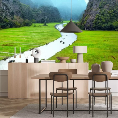 Fotobehang Landschap met rivier en bergen in Tam Coc, Vietnam