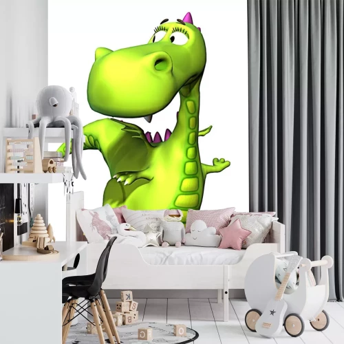 Sticker Een groene kleine draak met een roze kuif