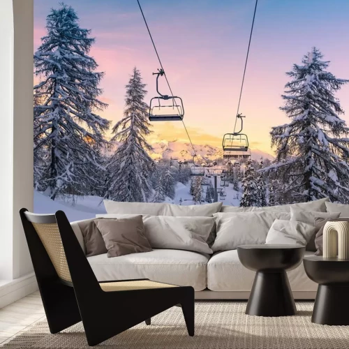 Sticker Winter bergen panorama met pistes en skiliften