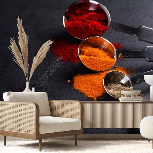 Sticker Kruiden in roestvrij staal meten lepels met een kopie ruimte.