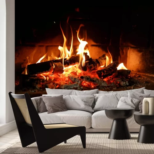 Fotobehang Open haard brandend hout