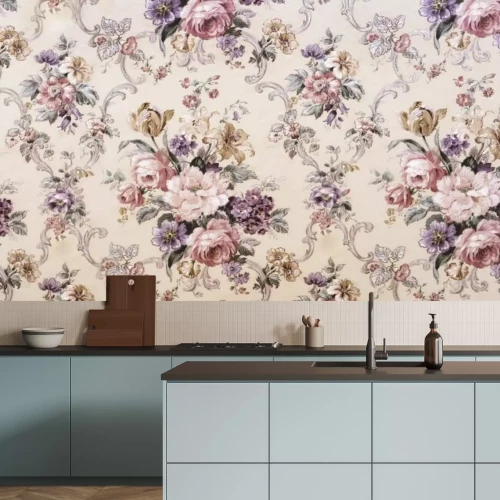 Fotobehang Rozen en kleurrijke bloemen in vintage stijl