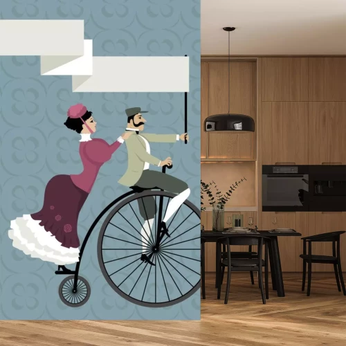 Sticker Victoriaanse tijdperk paar rijden op een stuiver-farthing fiets, die een lege banner boven hun hoofd, EPS 8 vector illustratie, geen transparanten