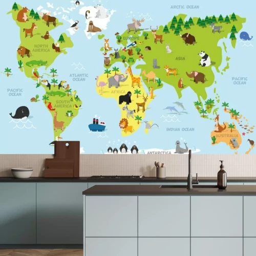 Fotobehang Educatieve wereldkaart met dieren