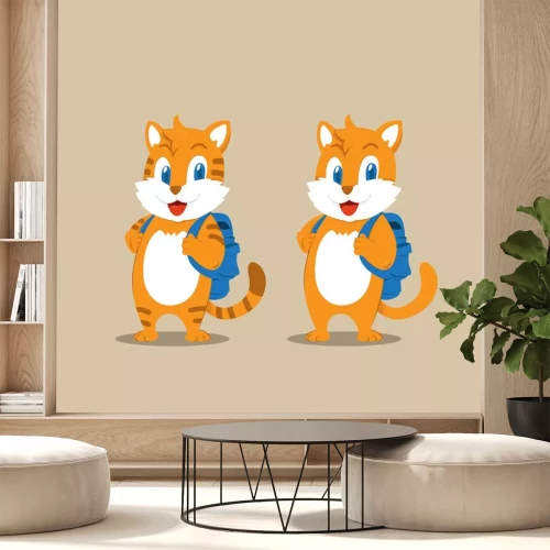 Sticker Babykat met een blauwe rugzak op twee poten