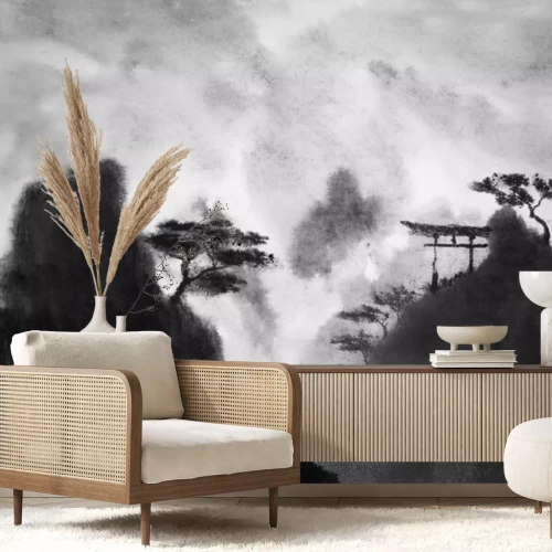 Sticker Japanse bergen en tuinmeubelen