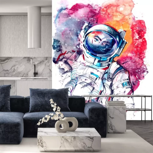 Sticker Astronaut in een roze wolk kleurrijke afbeelding