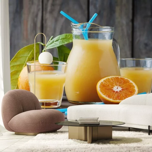 Sticker Gezonde verse jus d'orange op de woodent tafel