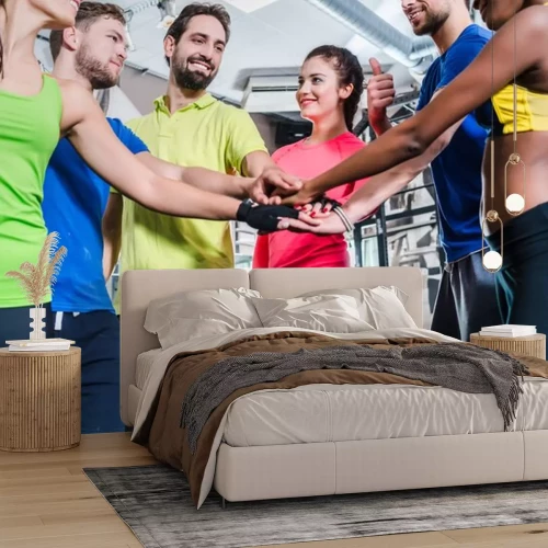 Sticker Frauen und Männer sind motiviert für Sport und Fitness und stapeln sterven Hände