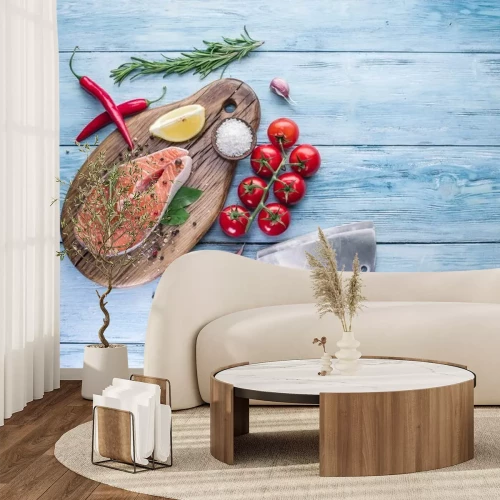 Sticker Verse zalm op de snijplank.