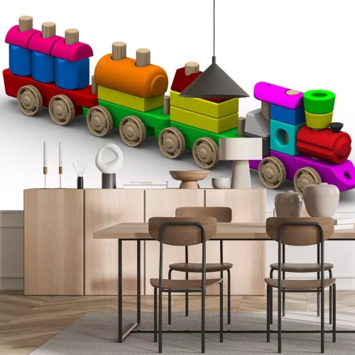 Sticker Kleurrijke houten speelgoed trein op een witte ondergrond. Geïsoleerd