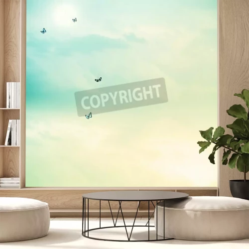 Fotobehang Vlinders in een pastelkleurige lucht