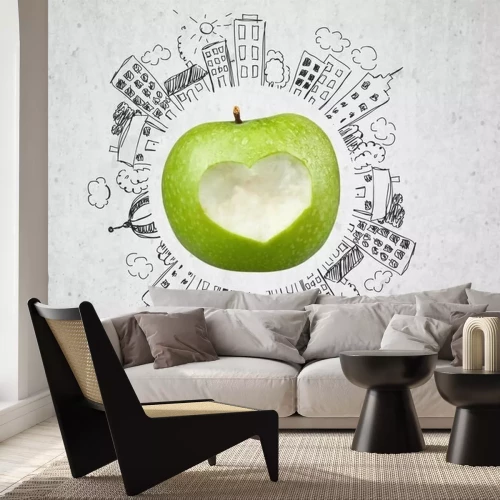 Sticker Groene appel omgeven door gebouwen