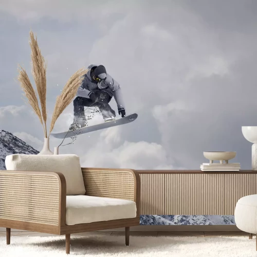 Sticker Vliegen snowboarder op bergen. Extreme sport.
