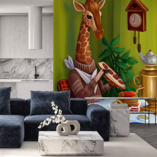 Sticker Жираф пьет чай, завтракает 