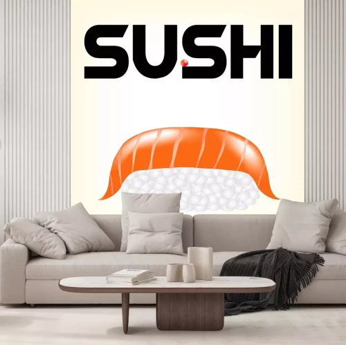 Sticker smakelijk sushi Japans eten, sushi met verse zalm, snack met vis, rode kaviaar - een delicatesse, een nuttig voedsel product van de zee, rode vis met rijst
