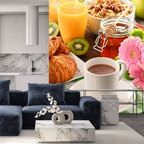 Sticker Samenstelling met een ontbijt op de tafel. Balnced dieet.