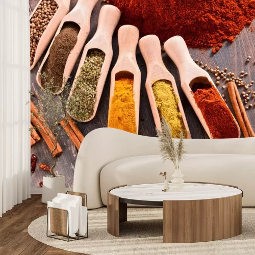 Sticker Verscheidenheid van kruiden op de keukentafel