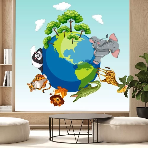 Sticker 3D-planeet aarde vol dierenafbeeldingen