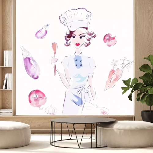 Sticker Chef-kok met groenten. Illustratie van een Cook