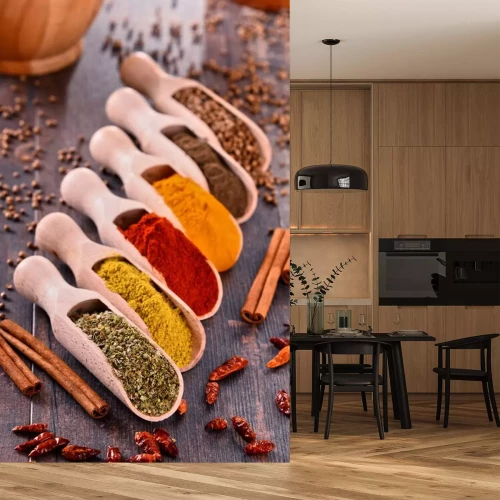 Sticker Verscheidenheid van kruiden op de keukentafel