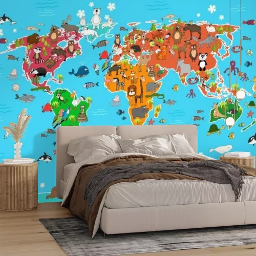 Fotobehang Wereldkaart met dieren voor kinderen