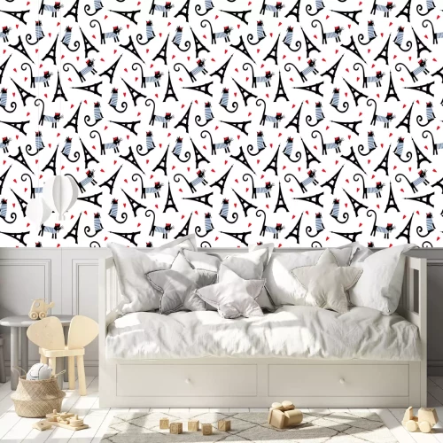 Behang Paris symbolen naadloos patroon. Leuke cartoon Parijse kat en tour Eiffel vector illustratie. Romantische reizen in Parijs. Franse stijl gekleed kat met rode baret en een gestreepte jurk.