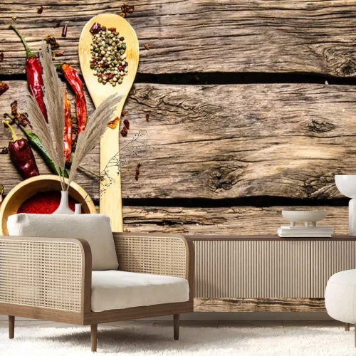 Sticker Aromatische kruiden en specerijen op een rustieke achtergrond.