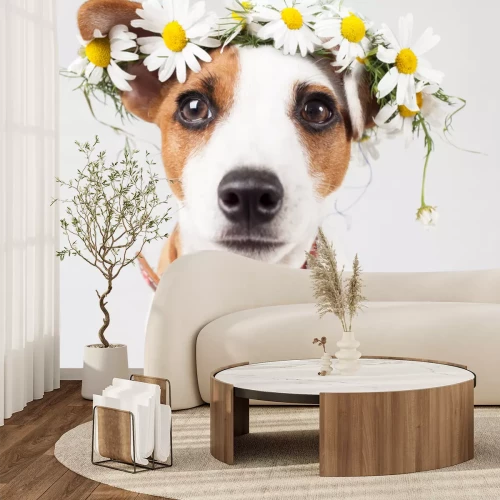 Sticker Hond met een krans van madeliefjes op haar hoofd