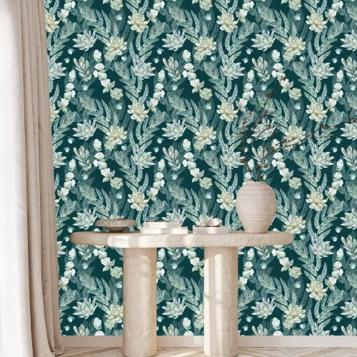 Behang Decoratieve bloemen tussen de bladeren