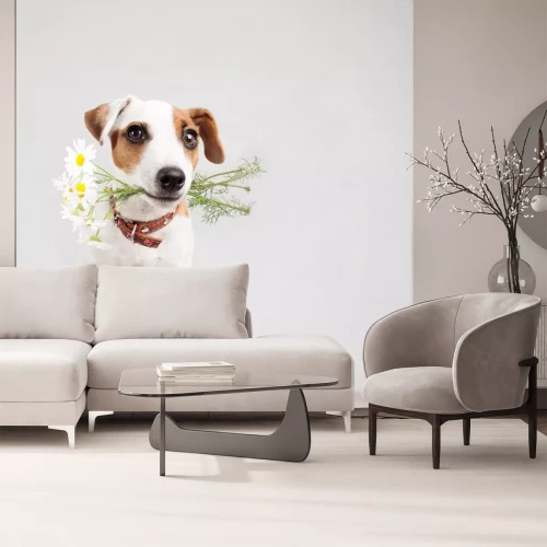 Sticker Hond met een boeket bloemen in een tanden