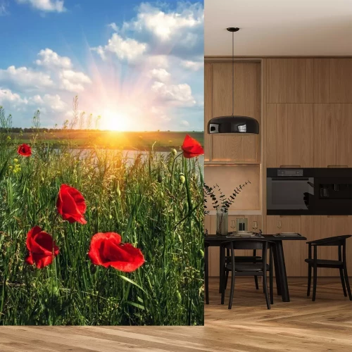 Fotobehang Klaprozen in het veld en een bewolkte lucht