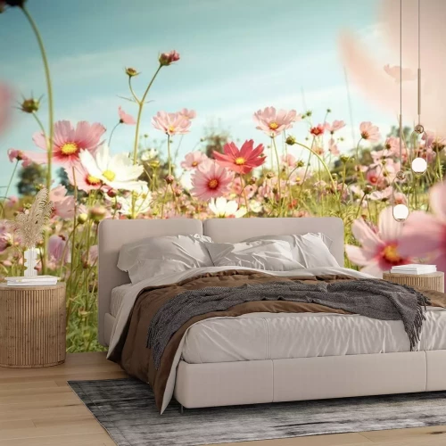 Fotobehang Roze bloemen in de weide