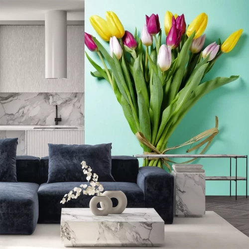 Sticker Gele en roze tulpen gebonden met touw