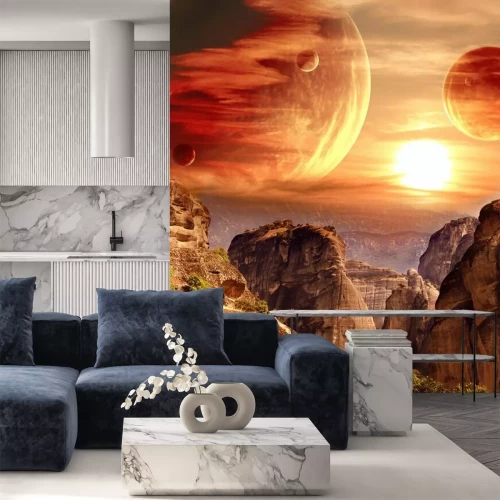 Fotobehang Kosmisch landschap met zonsondergang