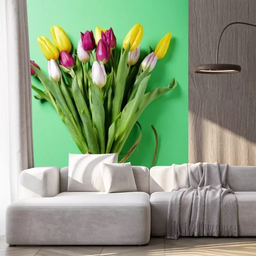 Sticker Tulpen in een boeket op een groene achtergrond